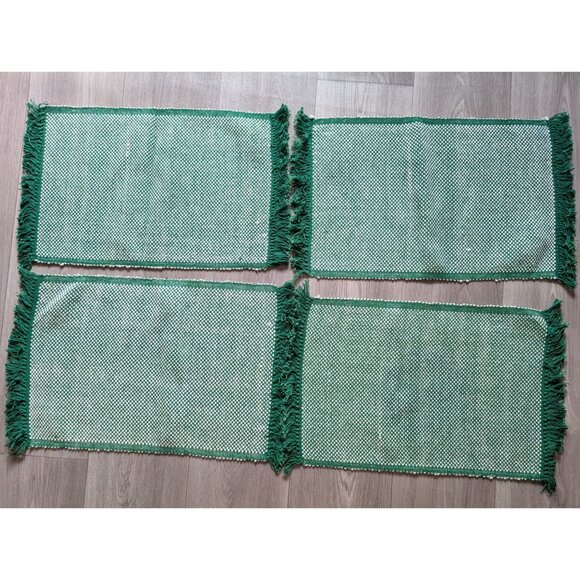 Set Of 4 Basketweave 21" X 13" Placemats With Fringe Trim 100% Cotton Green & Wh - Picture 1 of 5